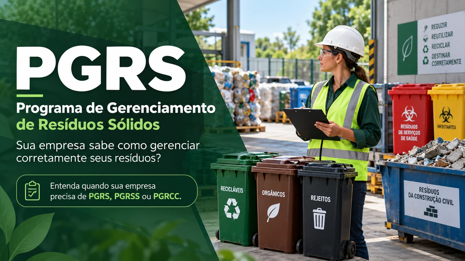 PGRS: gestão sustentável de resíduos industriais, com profissional e recipientes de coleta seletiva.